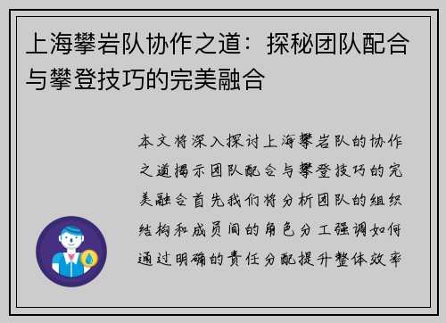 上海攀岩队协作之道：探秘团队配合与攀登技巧的完美融合